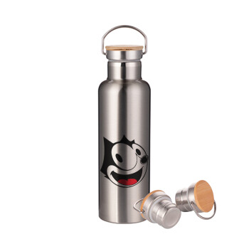 Felix the cat, Μεταλλικό παγούρι θερμός (Stainless steel) Ασημένιο με ξύλινο καπακι (bamboo), διπλού τοιχώματος, 750ml