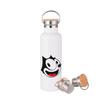Felix the cat, Μεταλλικό παγούρι θερμός (Stainless steel) Λευκό με ξύλινο καπάκι (bamboo), διπλού τοιχώματος, 750ml