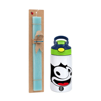 Felix the cat, Easter Set, Children's thermal stainless steel bottle with safety straw, green/blue (350ml) & aromatic flat Easter candle (30cm) (TURQUOISE)