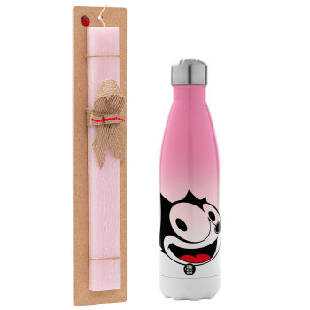Felix the cat, Easter Set, Metallic pink/white (Stainless steel) thermos, double-walled, 500ml & aromatic flat Easter candle (30cm) (PINK)