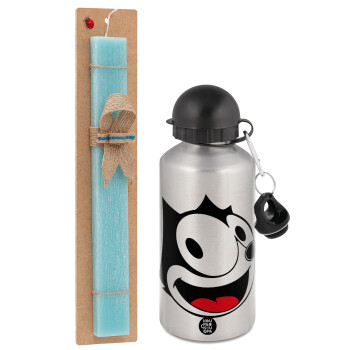 Felix the cat, Easter Set, metallic silver aluminum water bottle (500ml) & scented flat Easter candle (30cm) (TURQUOISE)