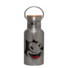 Stainless steel metallic thermos flask, silver with a bamboo lid, double-walled, 350ml.