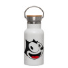 Metallic thermos (Stainless steel) White with wooden lid (bamboo), double-walled, 350ml