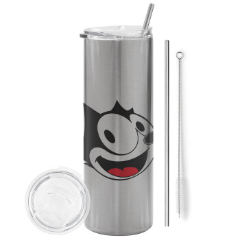 Felix the cat, Eco friendly stainless steel Silver tumbler 600ml, with metal straw & cleaning brush