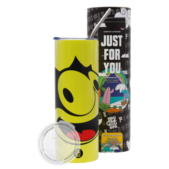 Felix the cat, Neon Yellow Travel Tumbler, with metal straw (Stainless steel 304 Food grade, BPA free, 600ml)