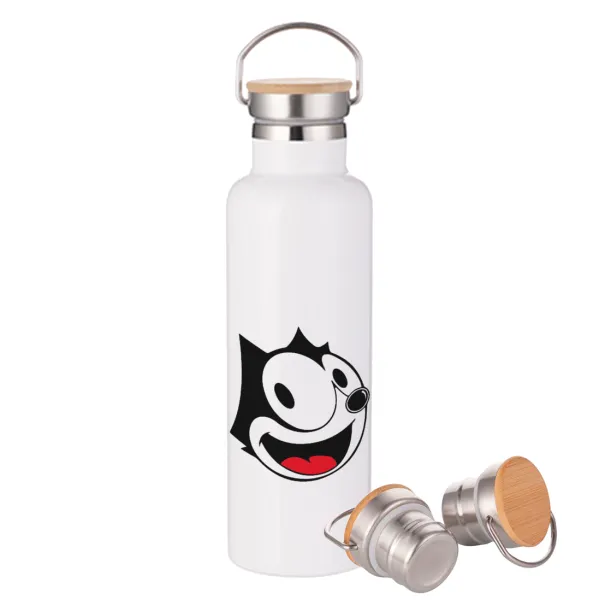 Felix the cat — Μεταλλικό παγούρι θερμός (Stainless steel) Λευκό με ξύλινο καπάκι (bamboo), διπλού τοιχώματος, 750ml