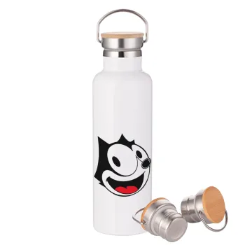 Felix the cat, Stainless steel White with wooden lid (bamboo), double wall, 750ml