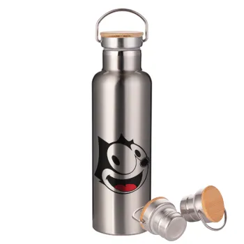 Felix the cat, Stainless steel Silver with wooden lid (bamboo), double wall, 750ml