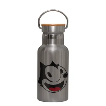 Felix the cat, Μεταλλικό παγούρι θερμός (Stainless steel) Ασημένιο με ξύλινο καπακι (bamboo), διπλού τοιχώματος, 350ml
