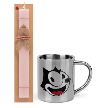 Felix the cat, Πασχαλινή Λαμπάδα με μεταλλική κούπα θερμό (300ml) & κερί αρωματικό πλακέ (30cm) (ΡΟΖ)