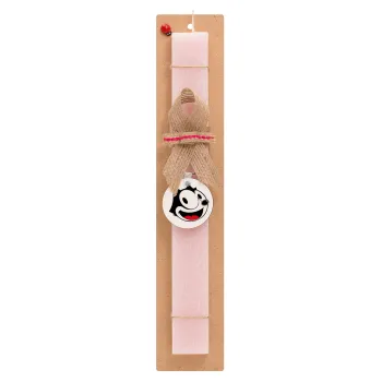 Felix the cat, Πασχαλινή Λαμπάδα με ξύλινο μπρελόκ & κερί αρωματικό πλακέ (30cm) (ΡΟΖ)