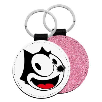 Felix the cat, Μπρελόκ Δερματίνη, στρογγυλό ΡΟΖ (5cm)
