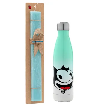 Felix the cat, Easter Set, Metallic green/white thermos (Stainless steel), double-walled, 500ml & scented flat Easter candle (30cm) (TURQUOISE)