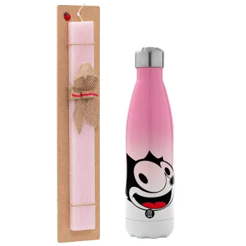 Felix the cat, Easter Set, Metallic pink/white (Stainless steel) thermos, double-walled, 500ml & aromatic flat Easter candle (30cm) (PINK)