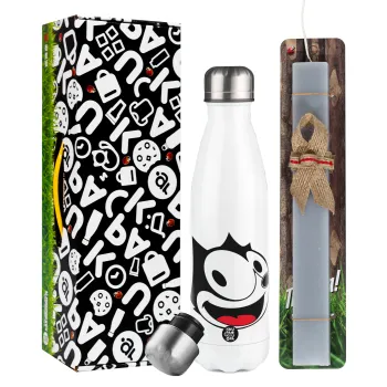 Felix the cat, Πασχαλινή Λαμπάδα με μεταλλικό παγούρι θερμός λευκός (500ml) & λαμπάδα αρωματική πλακέ (30cm) (ΓΚΡΙ)