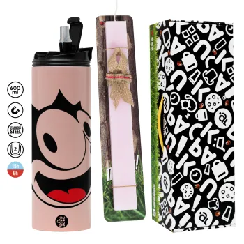 Felix the cat, Πασχαλινή Λαμπάδα με  ΡΟΖ Travel Tumbler θερμό (600ml, BPA free) & κερί αρωματικό πλακέ (30cm) (ΡΟΖ)