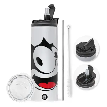 Felix the cat, Travel Tumbler θερμό με διπλό καπάκι, μεταλλικό καλαμάκι και βούρτσα καθαρισμού (Ανωξείδωτο 304 Food grade, BPA free, 600ml)