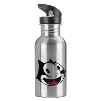 Felix the cat, Water bottle Silver with straw, stainless steel 600ml