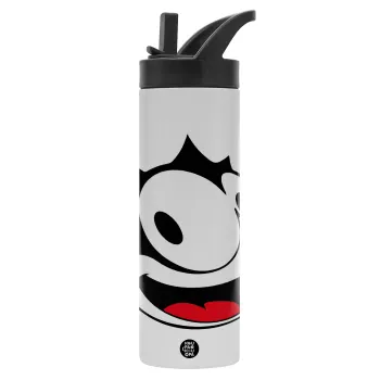 Felix the cat, Μεταλλικό παγούρι θερμός με καλαμάκι & χειρολαβή, ανοξείδωτο ατσάλι (Stainless steel 304), διπλού τοιχώματος, 600ml