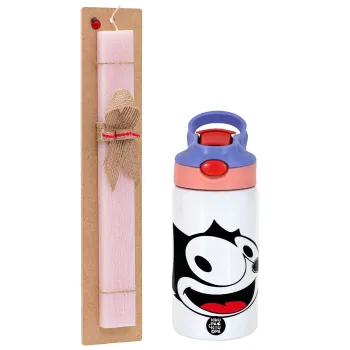 Felix the cat, Πασχαλινή Λαμπάδα με Παιδικό παγούρι θερμό, ανοξείδωτο, με καλαμάκι ασφαλείας, ροζ/μωβ (350ml) & κερί αρωματικό πλακέ (30cm) (ΡΟΖ)