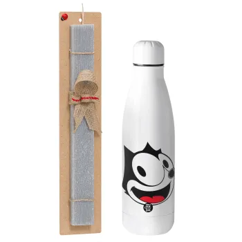 Felix the cat, Πασχαλινή Λαμπάδα με μεταλλικό παγούρι θερμός ανοξείδωτο (500ml) & κερί αρωματικό πλακέ (30cm) (ΓΚΡΙ)