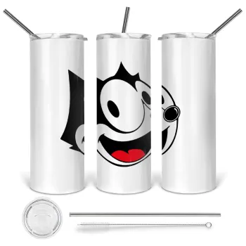 Felix the cat, Tumbler ποτήρι θερμό από ανοξείδωτο ατσάλι 600ml, με μεταλλικό καλαμάκι & βούρτσα καθαρισμού