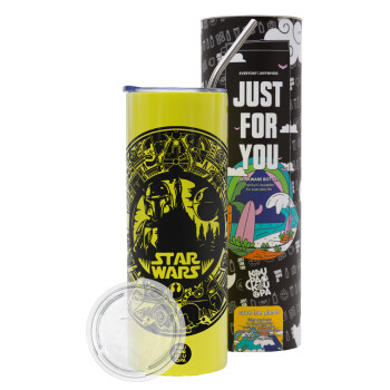 Star Wars Disk, Neon Yellow Travel Tumbler, with metal straw (Stainless steel 304 Food grade, BPA free, 600ml)