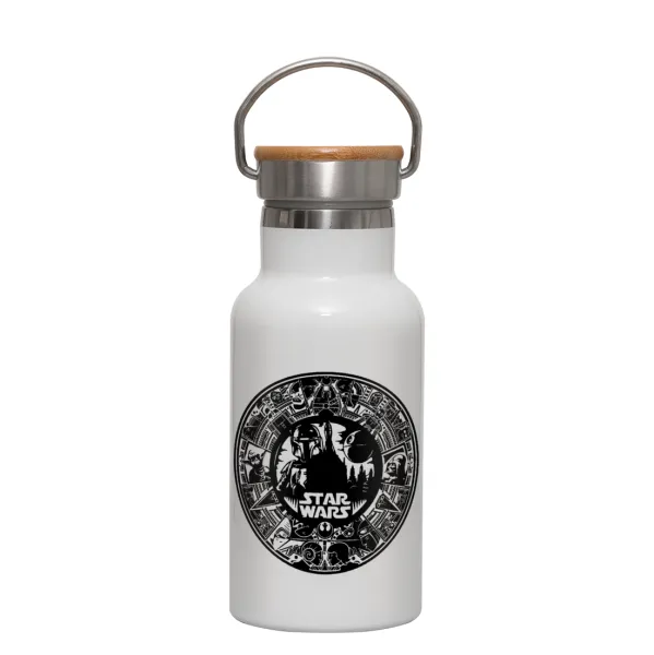 Star Wars Disk — Metallic thermos (Stainless steel) White with wooden lid (bamboo), double-walled, 350ml