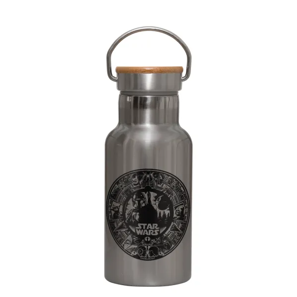 Star Wars Disk — Stainless steel metallic thermos flask, silver with a bamboo lid, double-walled, 350ml.