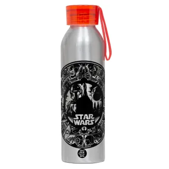 Star Wars Disk, Αλουμινένιο Αθλητικό Μπουκάλι 650ml – Ασημί με Κόκκινο Καπάκι και Λουράκι Σιλικόνης