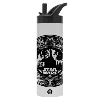 Star Wars Disk, Μεταλλικό παγούρι θερμός με καλαμάκι & χειρολαβή, ανοξείδωτο ατσάλι (Stainless steel 304), διπλού τοιχώματος, 600ml