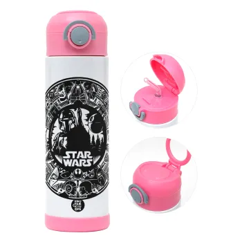 Star Wars Disk, Children's hot water bottle, stainless steel, with safety straw, PINK (500ml)