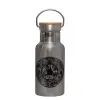 Stainless steel metallic thermos flask, silver with a bamboo lid, double-walled, 350ml.