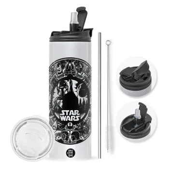 Star Wars Disk, Travel Tumbler θερμό με διπλό καπάκι, μεταλλικό καλαμάκι και βούρτσα καθαρισμού (Ανωξείδωτο 304 Food grade, BPA free, 600ml)