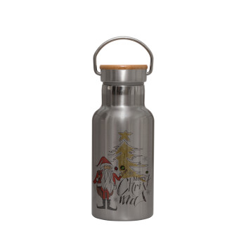 Santa Claus gold, Stainless steel metallic thermos flask, silver with a bamboo lid, double-walled, 350ml.