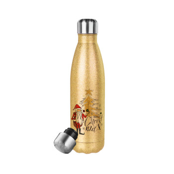 Santa Claus gold, Glitter gold stainless steel thermos bottle, double-walled, 500ml