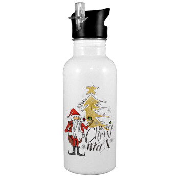 Santa Claus gold, White water bottle with straw, stainless steel 600ml