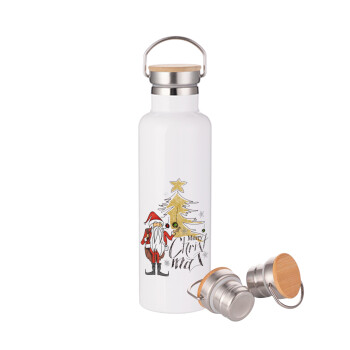 Santa Claus gold, Stainless steel White with wooden lid (bamboo), double wall, 750ml