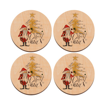 Santa Claus gold, ΣΕΤ x4 Σουβέρ ξύλινα στρογγυλά plywood (9cm)