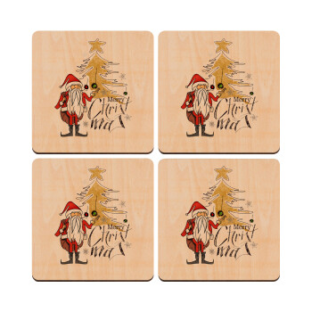 Santa Claus gold, ΣΕΤ x4 Σουβέρ ξύλινα τετράγωνα plywood (9cm)
