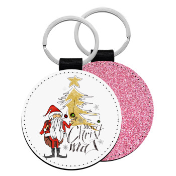 Santa Claus gold, Μπρελόκ Δερματίνη, στρογγυλό ΡΟΖ (5cm)