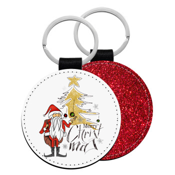 Santa Claus gold, Μπρελόκ Δερματίνη, στρογγυλό ΚΟΚΚΙΝΟ (5cm)