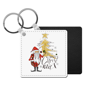 Santa Claus gold, Μπρελόκ Δερματίνη, τετράγωνο ΜΑΥΡΟ (5x5cm)