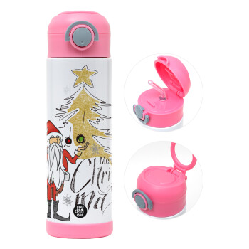 Santa Claus gold, Children's hot water bottle, stainless steel, with safety straw, PINK (500ml)