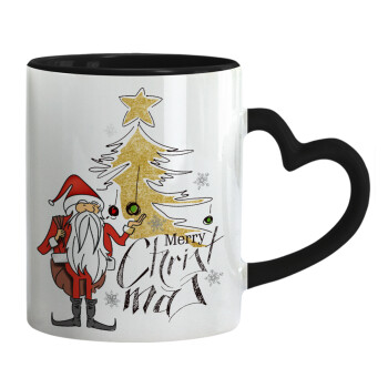 Santa Claus gold, Mug heart black handle, ceramic, 330ml