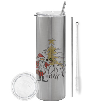Santa Claus gold, Eco friendly stainless steel Silver tumbler 600ml, with metal straw & cleaning brush