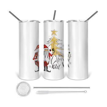 Santa Claus gold, Tumbler ποτήρι θερμό από ανοξείδωτο ατσάλι 600ml, με μεταλλικό καλαμάκι & βούρτσα καθαρισμού