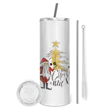 Santa Claus gold, Tumbler ποτήρι θερμό από ανοξείδωτο ατσάλι 600ml, με μεταλλικό καλαμάκι & βούρτσα καθαρισμού