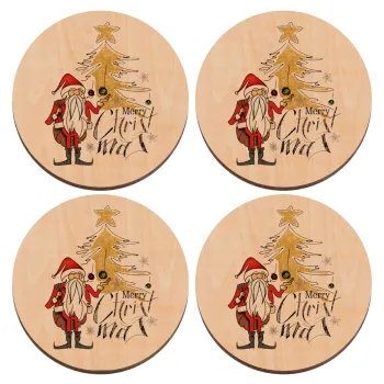 Santa Claus gold, ΣΕΤ x4 Σουβέρ ξύλινα στρογγυλά plywood (9cm)