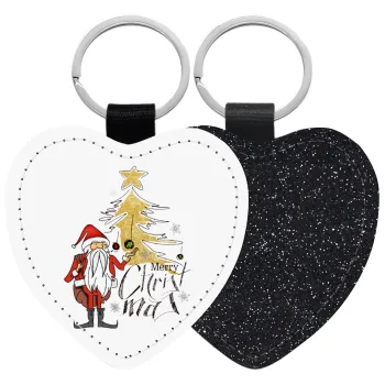 Santa Claus gold, Μπρελόκ PU δερμάτινο glitter καρδιά ΜΑΥΡΟ